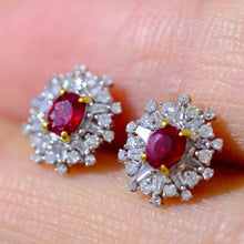 Load image into Gallery viewer, 18K Gold Pigeon Blood Ruby and Diamond Stud Earrings - Vintage Luxury Design, Natural Gemstones