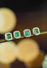 Load image into Gallery viewer, 18K White+Yellow Gold Natural Emerald Diamond Earrings, Natural Emerald Earrings, Stylish Earrings, Emerald Stud Earrings, Dainty Gold Earrings
