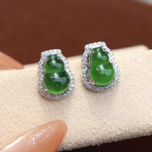 Load image into Gallery viewer, 18K White Gold Natural Top Green Type A Jadeite Jade Gourd Diamond Earrings, Natural Jade Gourd Earrings, Simple and Stylish Earrings, Green Jade Earrings