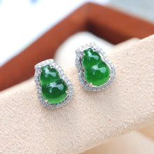 Load image into Gallery viewer, 18K White Gold Natural Top Green Type A Jadeite Jade Gourd Diamond Earrings, Natural Jade Gourd Earrings, Simple and Stylish Earrings, Green Jade Earrings