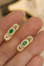 Load image into Gallery viewer, 18K Yellow Gold Natural Emerald Diamond Earrings, Emerald Hoop Earrings, French Earrings, Natural Emerald Earrings, Stylish Earrings, Dainty Gold Earrings