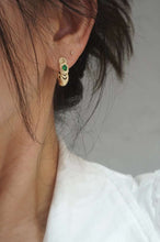 Load image into Gallery viewer, 18K Yellow Gold Natural Emerald Diamond Earrings, Emerald Hoop Earrings, French Earrings, Natural Emerald Earrings, Stylish Earrings, Dainty Gold Earrings