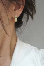 Load image into Gallery viewer, 18K Yellow Gold Natural Emerald Diamond Earrings, Emerald Hoop Earrings, French Earrings, Natural Emerald Earrings, Stylish Earrings, Dainty Gold Earrings