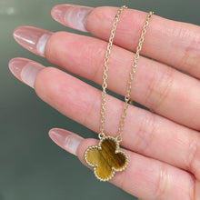Load image into Gallery viewer, 18K Yellow Gold Tiger’s Eye Clover Pendant Necklace, Lucky Clover Charm, Fine Jewelry Gift for Her