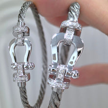 Load image into Gallery viewer, 18K White Gold Full Pavé Diamond Buckle on Stainless Steel Cable, Luxury Bracelet, Modern Fine Jewelry Gift