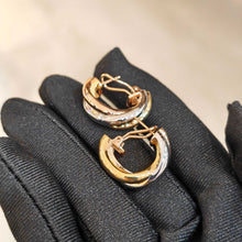 Load image into Gallery viewer, 18K Tri‑Color Interwoven Band Earrings in Rose, White & Yellow Gold, Elegant Fine Jewelry Gift for Her