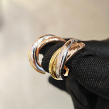 Load image into Gallery viewer, 18K Tri‑Color Interwoven Band Earrings in Rose, White & Yellow Gold, Elegant Fine Jewelry Gift for Her