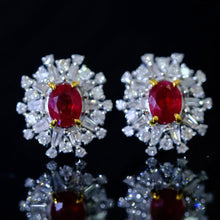 Load image into Gallery viewer, 18K Gold Pigeon Blood Ruby and Diamond Stud Earrings - Vintage Luxury Design, Natural Gemstones
