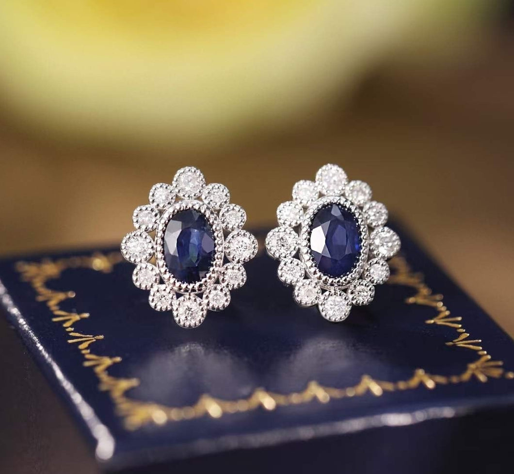 18K White Gold Natural Sapphire Diamond Earrings, Natural Royal Blue Sapphire Earrings, Simple and Stylish Earrings, Minimalist Earrings Gold, Statement Earrings