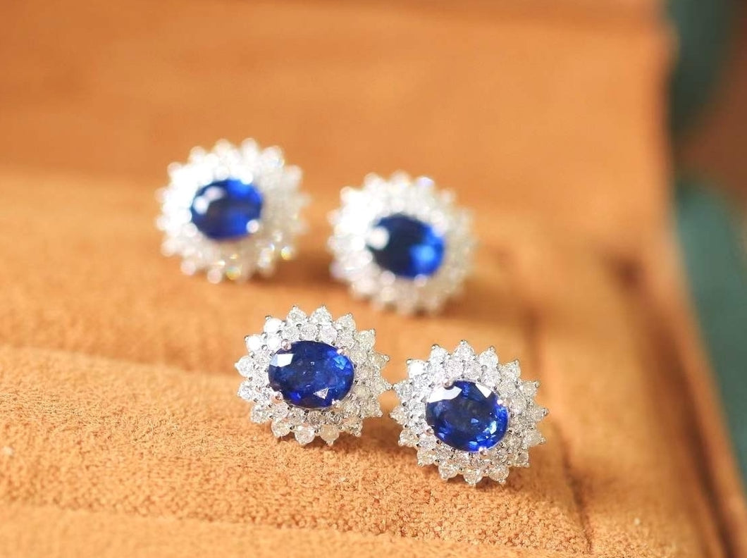 18K White Gold Sri Lanka Natural Royal Blue Sapphire Diamond Earrings, Natural Vivid Blue Sapphire Earrings, Simple and Stylish Earrings