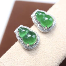 Load image into Gallery viewer, 18K White Gold Natural Top Green Type A Jadeite Jade Gourd Diamond Earrings, Natural Jade Gourd Earrings, Simple and Stylish Earrings, Green Jade Earrings
