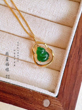 Load image into Gallery viewer, 18K Yellow Gold Natural Top Green Type A Jadeite Jade Gourd Pendant (Gold Necklace Chain Included), Natural Jade Gourd Pendant, Stylish Pendant
