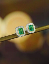 Load image into Gallery viewer, 18K White+Yellow Gold Natural Emerald Diamond Earrings, Natural Emerald Earrings, Stylish Earrings, Emerald Stud Earrings, Dainty Gold Earrings
