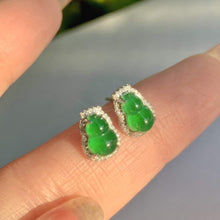 Load image into Gallery viewer, 18K White Gold Natural Top Green Type A Jadeite Jade Gourd Diamond Earrings, Natural Jade Gourd Earrings, Simple and Stylish Earrings, Green Jade Earrings
