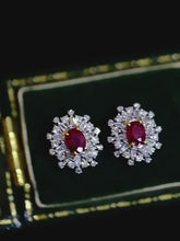 Load and play video in Gallery viewer, 18K Gold Pigeon Blood Ruby and Diamond Stud Earrings - Vintage Luxury Design, Natural Gemstones
