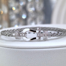 Load image into Gallery viewer, 18K White Gold Full Pavé Diamond Buckle on Stainless Steel Cable, Luxury Bracelet, Modern Fine Jewelry Gift
