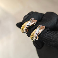 Load image into Gallery viewer, 18K Tri‑Color Interwoven Band Earrings in Rose, White &amp; Yellow Gold, Elegant Fine Jewelry Gift for Her
